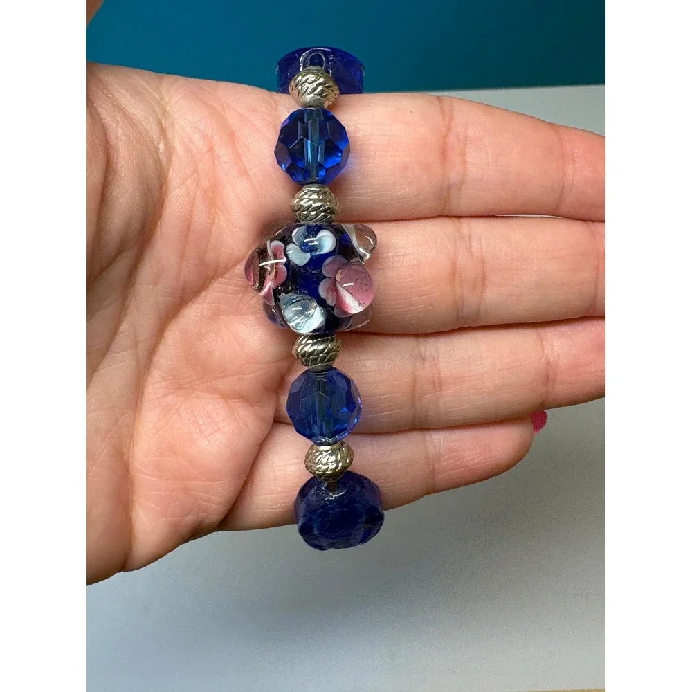 Heart Patient Medical Alert Bracelet‎ Blue Glass Beaded Lampwork Floral ID